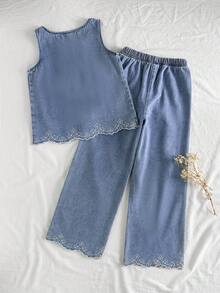 Vintaside Kids Girls Sleeveless Denim Style Round Neck Tank Top And Pants 2-Piece Set, Slim Fit, Suitable For Outings, School, Gatherings, Parties, And Casual Daily Wear