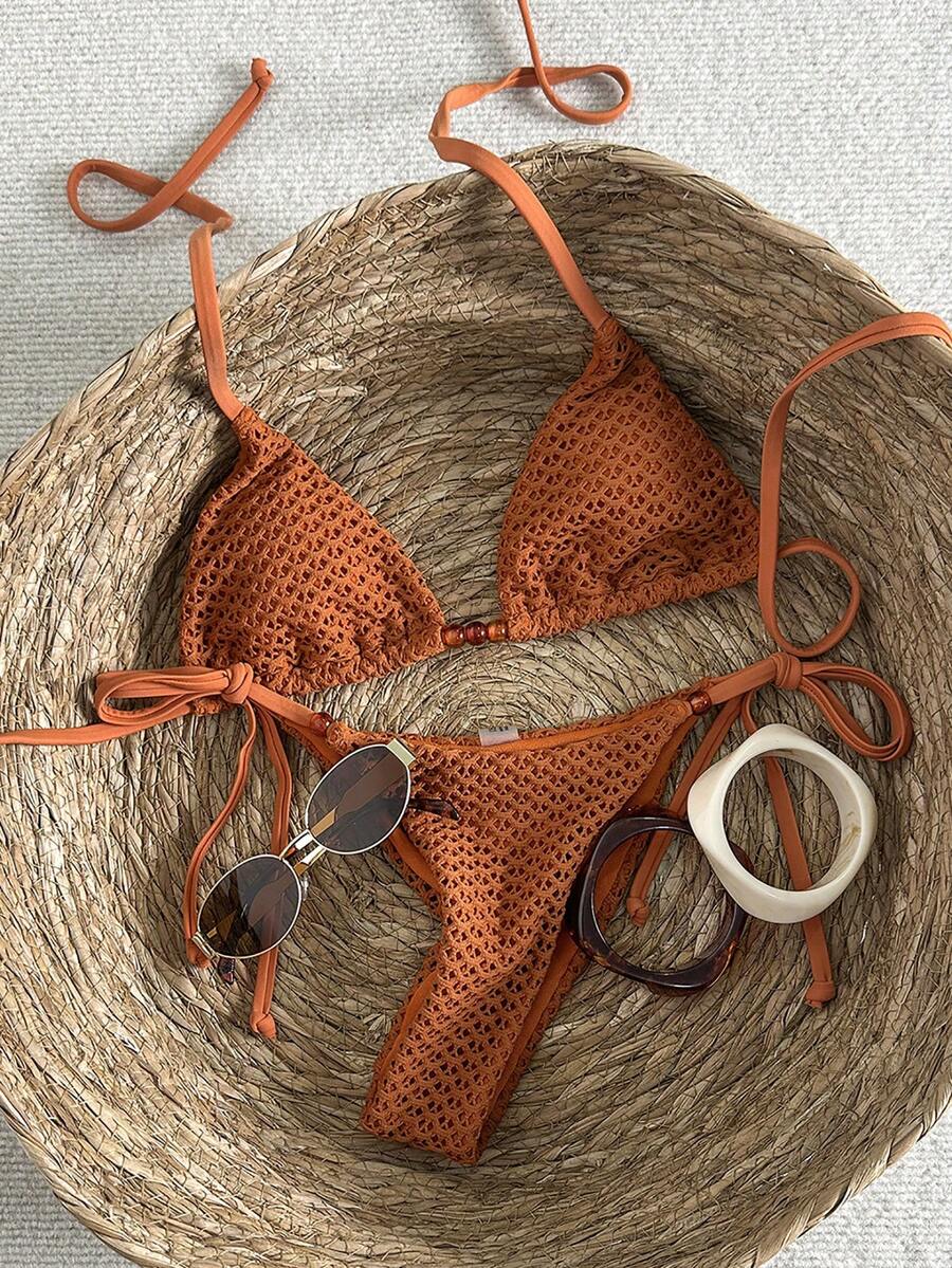 Swim Mod Women's Textured Beaded Halter Bikini Set, Spring/Summer - Brown - View 1