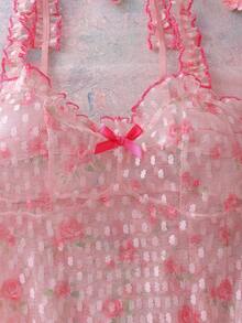 Women's Floral Mesh Ruffle Trim Sexy Camisole Nightgown - Pink - View 4