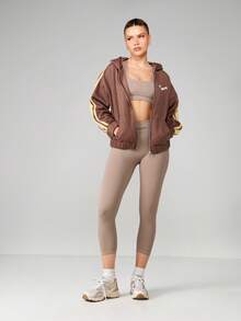 Missguided x Playboy Oversized Zip Up Hooded Sweatshirt With Side Stripe Detail And Centre Pocket For Casual Fall Winter Comfort - Brown - View 3
