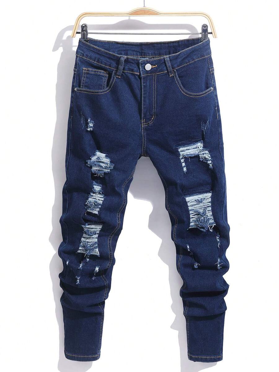 Manfinity Homme Men's Pocket Distressed Skinny Casual Jeans Drip Jeans - Dark Wash - View 1