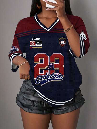 Slaydiva 休闲简约运动风复古字母California 23撞色印花图案女式T恤，适合夏季、运动季、复古风、学院风、百搭风、性感风、可爱风、Y2K风、椰子女孩风、波西米亚风、嬉皮风、音乐节等场合，也适合秋冬季穿着。