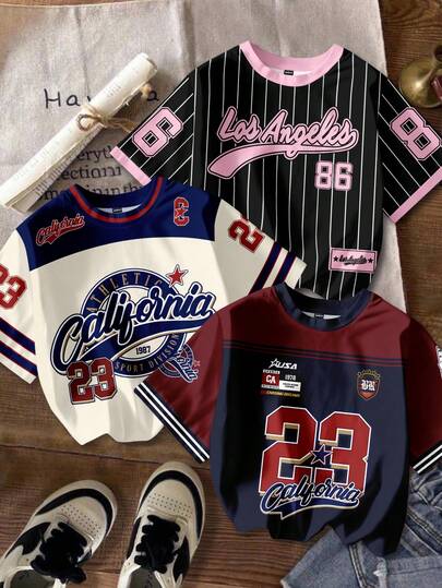 SHEIN EZwear 3pcs/Set Casual Minimalist Sports Streetwear Graphic Tees, Numeric, Letter, Striped, College Style Prints, Comfortable Loose Fit Round Neck Short Sleeve T-Shirts For Women, Suitable For Summer,Graphic Tees