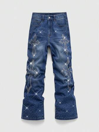 Street Life Jeans con bolsillo plisado y adornos de strass en forma de cruz para hombres