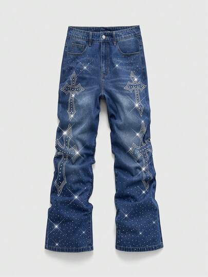 Street Life Jeans à poche plissée avec ornements de strass en forme de croix pour hommes
