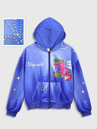 Street Life Sudadera con capucha con cremallera y estampado creativo de manga larga y hombros caídos para hombre