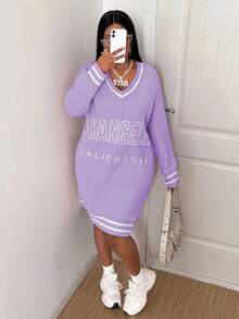 Maweii 大码女式V领落肩长袖字母休闲宽松针织毛衣连衣裙，秋冬款 - 彩色 - 查看 1