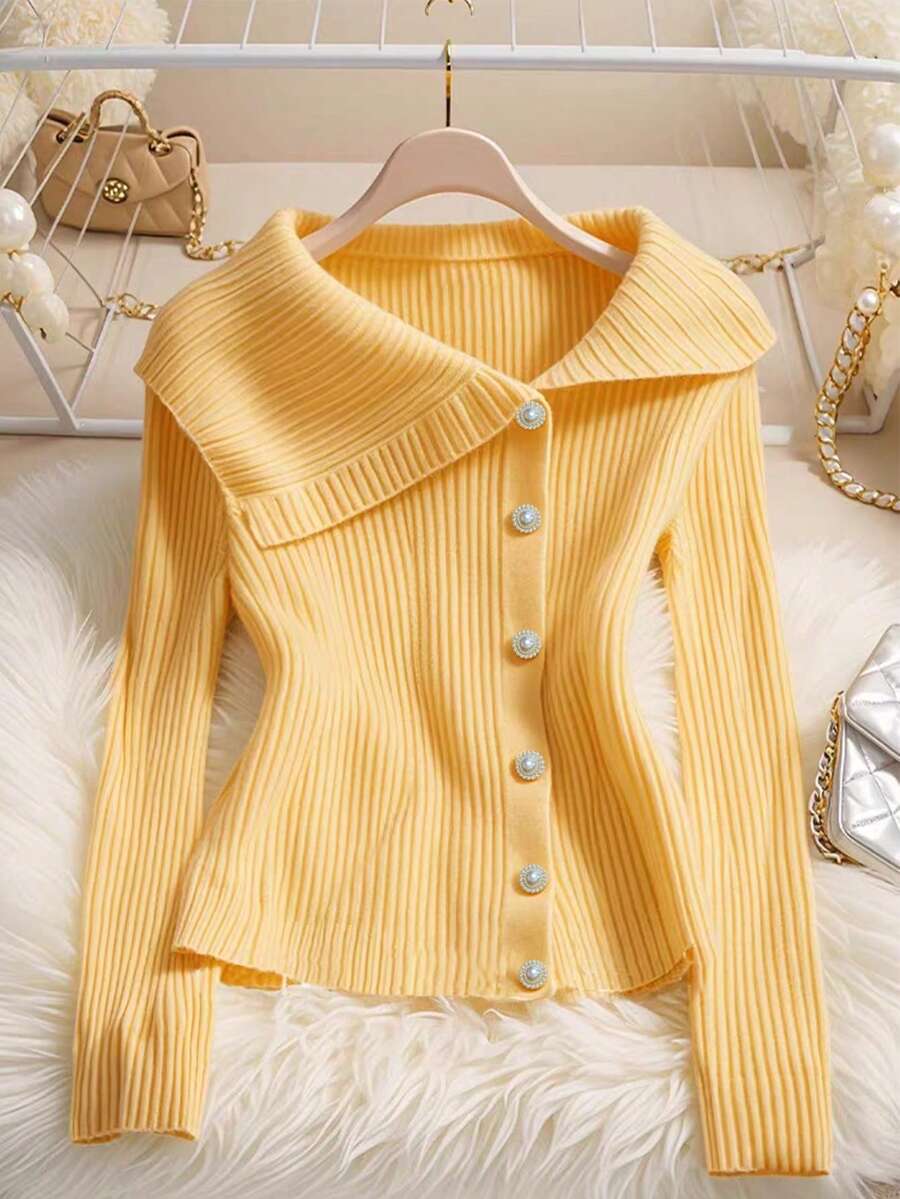 GlowEve Women's Solid Color Long Sleeve Single-Breasted Casual Knit Cardigan Fall Winter Cloth For Women - Yellow - View 1