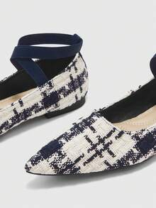 CUCCOO BIZCHIC 女士简约优雅尖头编织平底鞋，低粗跟，舒适交叉弹力带，百搭款式，宝石蓝