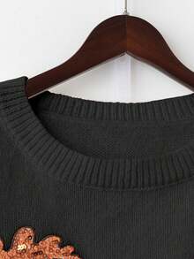 EMERY ROSE Plus Size Women Solid Color Knitted Round Neck Maple Leaf Sequin Embroidery Long Sleeve Regular Elegant Pullover Sweater, Autumn/Winter - Black - View 5