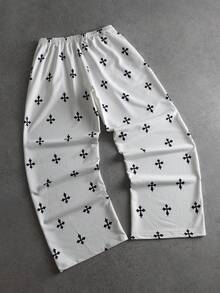 PAVTROS Men's Casual Loose Fit Curved Knife Print Cross Design Knit Pants, Comfortable & Versatile, Couples Matching, Autumn/Winter,Men's Streetwear,Baggy.Brand,I Love My Boyfriend,Graphic - White - View 2