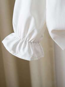 SHEIN Playful Pals 女童优雅刺绣荷叶边领公主长袖纽扣前襟休闲时尚公主衬衫，适合上学、度假、旅行、生日派对、春秋季穿着。 - 白色 - 查看 7