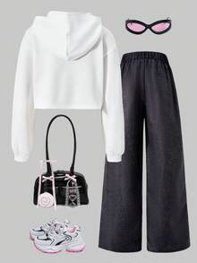 SHEIN ChillGRL Tween Girls 秋季服装休闲百搭日常涂鸦图案连帽短款卫衣 + 牛仔外观涂鸦印花宽松裤套装，常规厚度适合春秋季休闲、运动、度假 - 白色 - 查看 2