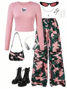 SHEIN ChillGRL 2 件套 Tween Girl 纯粉色圆领长袖上衣和粉色迷彩裤，街头时尚 - 彩色 - 查看 6