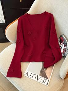 SHEIN LUNE 法国手工3D立体花卉针织毛衣 - 酒紅色 - 查看 6