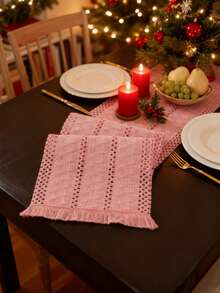 1pc Boho Table Runner Macrame Table Runners For Home Decor ,Cream & Brown Macrame Table Runner With Tassels For Boho Dining Bedroom Decor Rustic Bridal Shower,Farmhouse Rustic Table Runner,Place Mat,Thanksgiving Christmas Home Decor (Multiple Sizes Available) - Pink - View 4