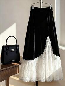 GlowEve CURVE Plus Size Women Woven Lace Trim Skirt, Elegant Date Night Black & White Patchwork, Autumn/Winter - Black and White - View 1