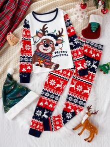 SHEIN 女童可爱驯鹿圣诞印花柔软弹力长袖上衣和裤子两件套睡衣 - 彩色 - 查看 3