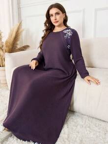 Lacomfia 大码女式花卉拼接纹理面料休闲家居连衣裙 - 紫色 - 查看 5