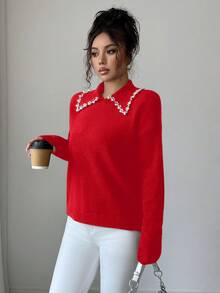 SHEIN Elenzya Aniusta 女士秋冬休闲上衣，适合度假、独立日、劳动节、哥伦布日、感恩节、情人节、复古街头风、斯德哥尔摩风、韩式风，优雅百搭，也适合约会、工作、教师、返校、哥特风、办公室穿着、商务休闲等场合，领口饰有装饰针织衫。 - Fiery Red - 查看 3