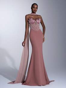 Elitara 优雅奢华魅力珍珠泡泡设计性感V领露背美人鱼连衣裙，适合婚礼、活动、单身派对、度假、晚宴、正式场合。 - 藕粉色 - 查看 6