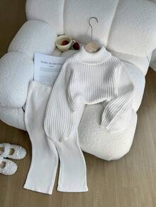 SHEIN 2pcs/Set Girls Sweater Set, Fashionable Turtleneck Cropped White Sweater Paired With Matching Straight Leg Sweater Pants, Regular Thickness, Neat Hemline And Cuffs, Casual Sporty Style, Soft Skin-Friendly Smooth And Durable Knit Set, Suitable For Daily Wear, School, Shopping, Workout, Home In Autumn/Winter White 2 Piece Girl Set Girl Knit Set Girls Coord Sets Tween Matching Set Knit - White - View 7