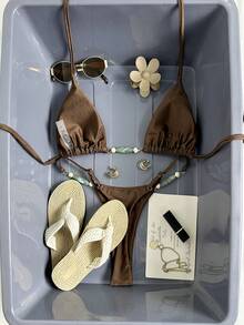 Swim Mod 纯色三角无钢圈露背装饰上衣和丁字裤比基尼泳裤女士夏季沙滩泳装套装 - 咖啡棕 - 查看 1