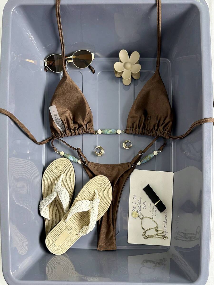 Swim Mod 纯色三角无钢圈露背装饰上衣和丁字裤比基尼泳裤女士夏季沙滩泳装套装 - 咖啡棕 - 查看 1