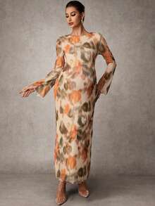 MaterniChic Tie-Dye Print Maternity Dress With Round Neck And Bell Sleeves Elegant Dresses Baby Shower Dress Pregnancy Photoshoot Dress Maternity Dress For Photoshoot Long Silk Dress Earth Tone Dress Dress Modest Modest Dress - Multicolor - View 7