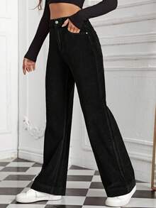 SHEIN EZwear 高腰直筒宽松灯芯绒休闲牛仔裤，百搭 - 黑色 - 查看 3