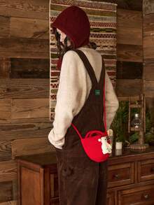 We Bare Bears X SHEIN Women's Casual Large Capacity Christmas Cute Cartoon Bear Pattern Knitted Shoulder Bag With Letter Pendant - Red - View 2