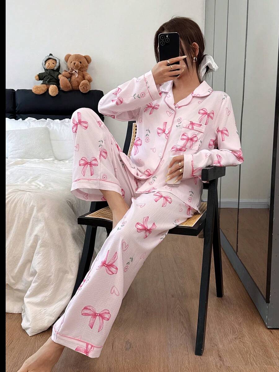 SHEIN Bow, Heart & Flower Print Lapel Long Sleeve Pajama Set Pink Pajamas Floral Pj Set Pajamas Set Bow Pajamas - Pink - View 1