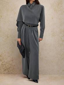 SHEIN Tall 2 件套女式高腰收腰中长款西装外套（带斗篷袖） - 灰色 - 查看 7