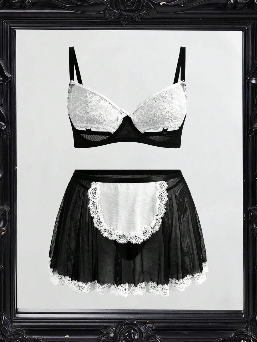 Fantasy Costume 大码女士性感内衣套装，白色蕾丝拼接黑色网纱，包含白色蝴蝶结和钢圈文胸，学生风 - 黑與白 - 查看 1