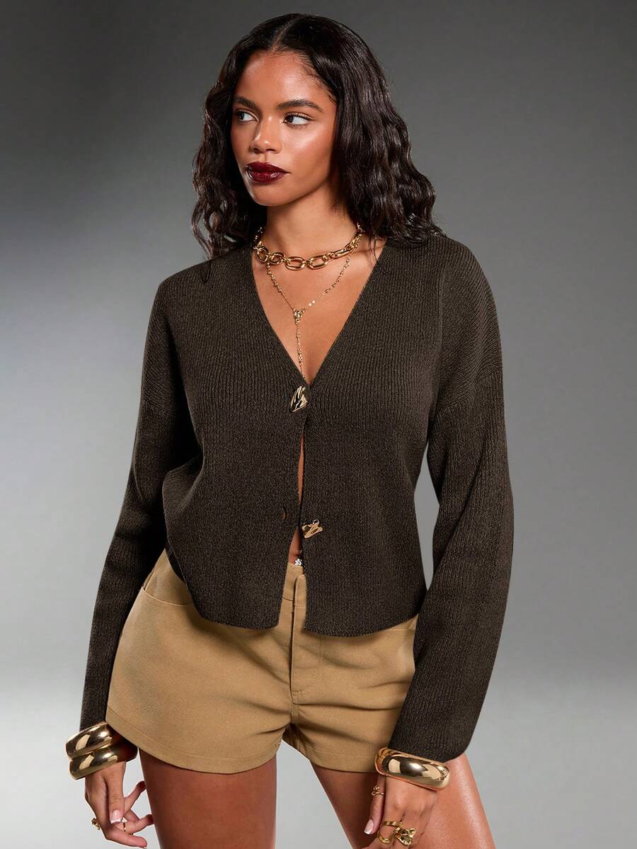 Normani New Simple And Fashionable Office Commuting Deep V Neck Long Sleeve Slim Button Cardigan, Versatile Casual Knitted Sweater In Fall/Winter - Coffee Brown - View 1