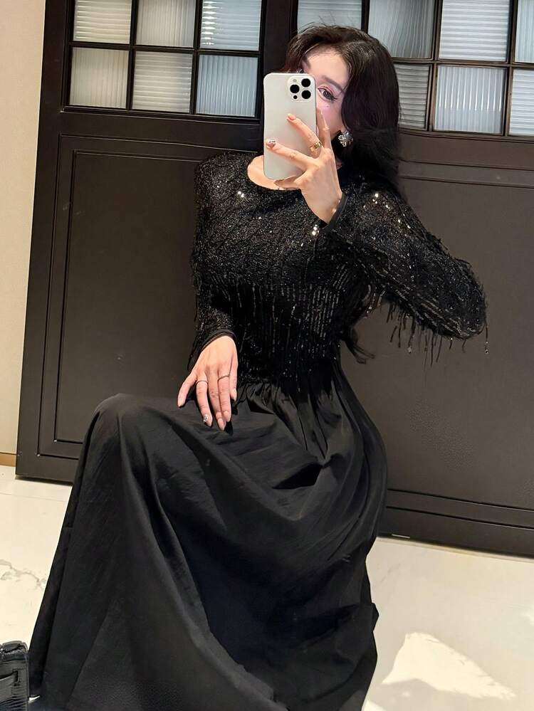 French Elegant Black Long Dress, Slimming Women's Dress For Autumn/Winter