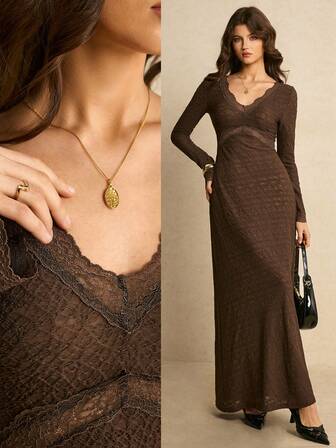 Poéselle Women's Contrast Lace V-Neck Long Sleeve Elegant Dress,Brown Dress ,Elegant Dresses For Women,Women's New Year's Eve Dresses,Casual Dresses For Women,Christmas Outfit For Women , New Year's Outfit For Women, Party Outfit,Suitable For Daily Wear, Going Out, Commuting Fall/Winter