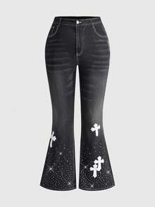 ROMWE Goth 大码女式哥特式深黑色水洗十字架水钻装饰休闲喇叭牛仔裤 - 黑色 - 查看 4