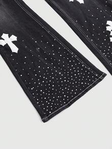 ROMWE Goth 大码女式哥特式深黑色水洗十字架水钻装饰休闲喇叭牛仔裤 - 黑色 - 查看 6