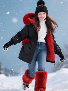 SHEIN Girls' Mid-Length Hooded Casual Pocket Faux Fur Solid Color Fleece Jacket, Winter - Burgundy - View 6