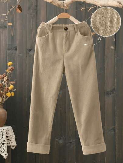 EMERY ROSE Women's Casual Solid Color Corduroy Pants, Versatile For Autumn