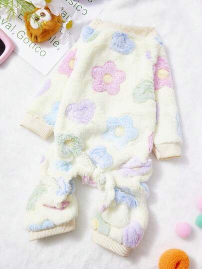 PETSIN 1pc Colorful Small Flower Printed Pet Jumpsuit Light Yellow Autumn And Winter Flannel Warm And Comfortable Pet Warm Clothes