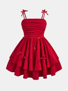 SHEIN Firerie Kids Váy không tay nhún bèo viền bèo nhún cho bé gái tuổi mới lớn có nơ trang trí dễ thương, váy voan thường ngày thích hợp cho tiệc sinh nhật, tụ tập, đám cưới, mẹ con gái, chị em gái - Đỏ - Xem 5