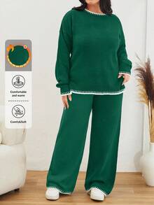 EURMUSE Color Block Edged Long Sleeve Sweater And Knitted Pants Two Pieces Set - Green - View 1