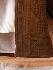 SHEIN 少女休闲百搭多功能保暖毛领中长连帽针织外套，适合上学和日常穿着，秋冬季 - 棕色 - 查看 7