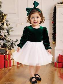 Glamorique Kids Baby Girl Autumn/Winter Velvet & Mesh Patchwork Dress, Elegant Design For Party & Occasion, Long Sleeve - Green - View 1