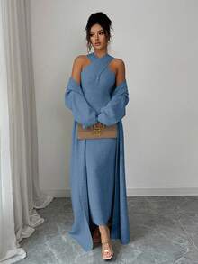Elenzga Conjunto de punto minimalista de diseño de nicho con cuello cruzado de unicolor elegante, vestido ajustado de cuello halter, cárdigan largo de unicolor de estilo vintage minimalista, adecuado para ir al trabajo y salir - Azul - Ver 5