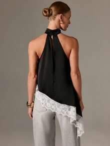AiiRZ Áo satin cổ yếm viền ren bất đối xứng, áo cánh không tay thanh lịch cho những buổi tối dự tiệc mùa hè - Đen và trắng - Xem 2