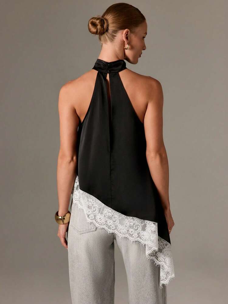 AiiRZ Halter Neck Satin Top With Asymmetrical Lace Trim Elegant Sleeveless Blouse For Evening Occasions Summer Party