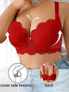 DesireSculpt 1pc Plus Size Solid Color Lace Sexy Comfortable Breathable Underwire Bra - Red - View 3